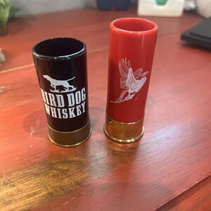 2 Vintage BIRD DOG WHISKEY Promotional 12 GA SHOTGUN Shell Shot Glasses RED